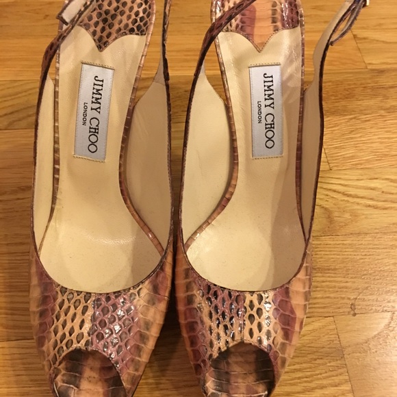 Jimmy Choo Snakeskin Sling Back Open Toe Heels - Picture 3 of 8